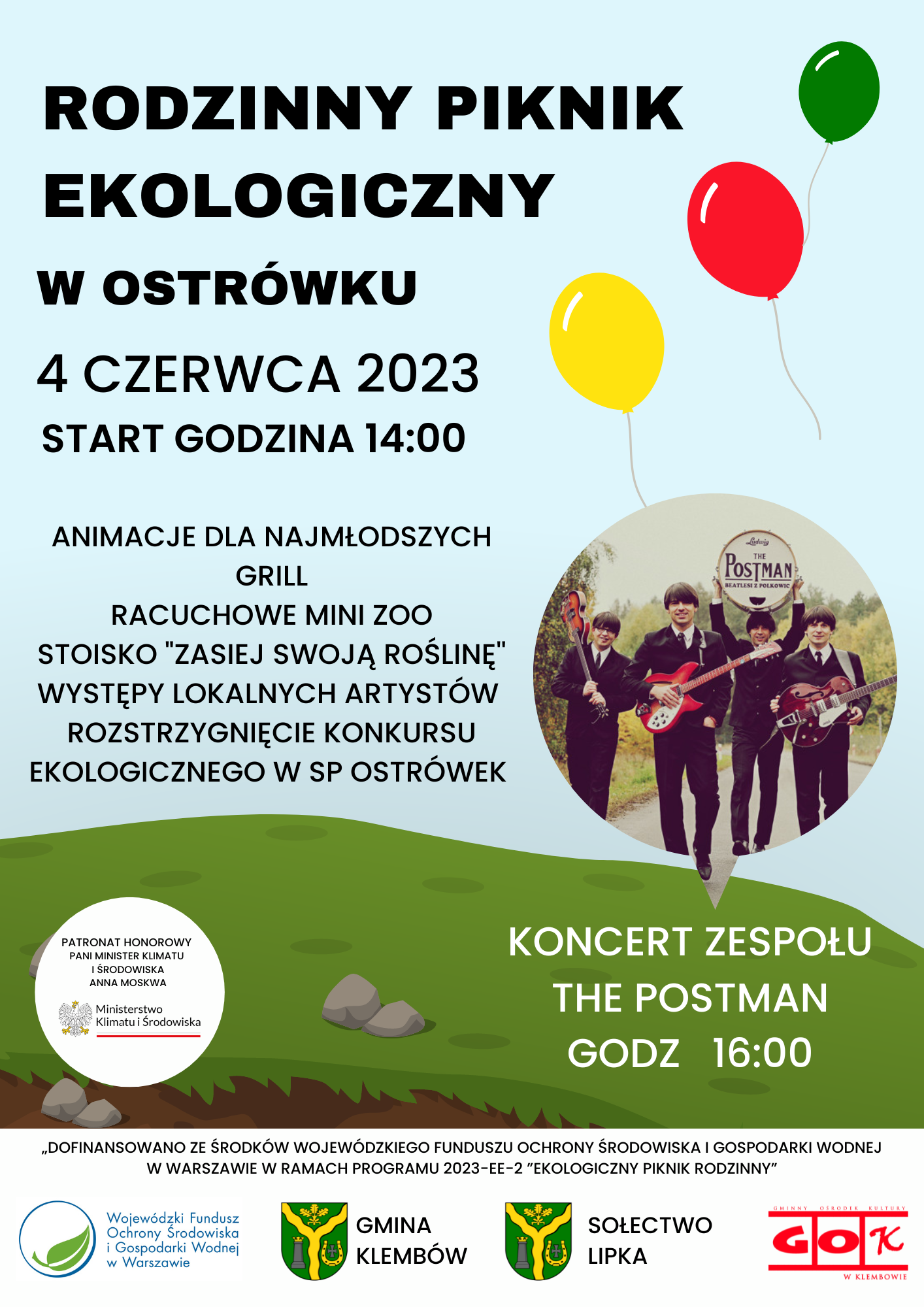 Serdecznie zapraszamy na Rodzinny Piknik Ekologiczny w Ostrówku, który odbędzie się w dniu 4 czerwca 2023 r., w parku przy ul. Kolejowej.   Piknik rozpocznie się o godzinie 14:00.